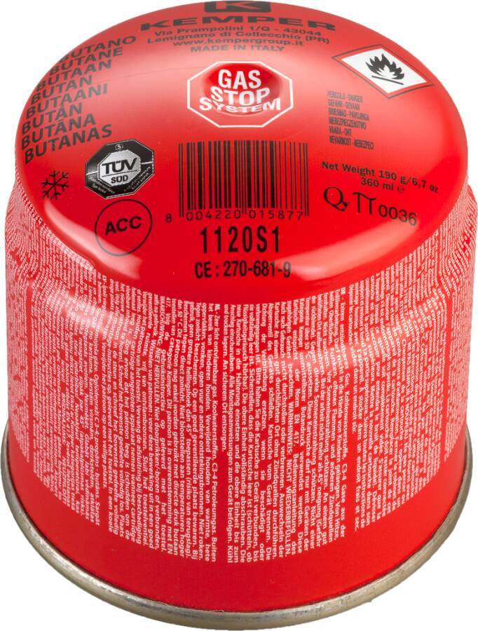 Rote Butangaskartusche mit Sicherheitsetiketten, Barcode und Nettogewicht auf der Seite gedruckt.