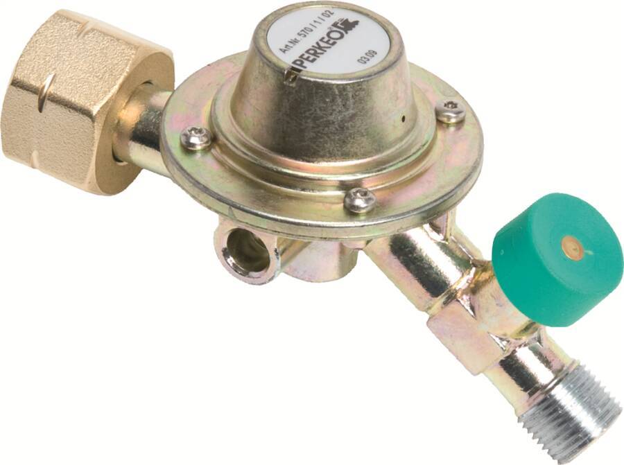 Propan-Regler 80316 Ausführung fest eingestellt max. Druck 4 bar Anschluss 3/8`` L, Kombi Einsatz 5 - 33 kg Schlauchbruc