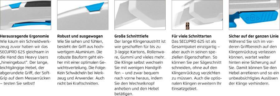 Vergleichsinfografik von SECURO-Universalmesserklingen: ergonomisch, robust, präzise, kleiner Schnittwinkel, extra-feines Führungssystem, integrierte Sicherheit und große Klingenauswurföffnung.