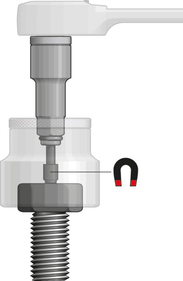 Werkzeug zum Festziehen einer Gewindebefestigung in einem behälterähnlichen Behälter mit einem Magnetsymbol, das anzeigt, dass das Teil magnetisch ist.