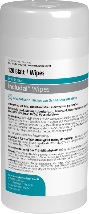 Desinfektionstücher INCLUDAL® WIPES 14306-001 Inhalt 120 Blatt Ausführung unparfümiert Gebinde Dose á 120 Tücher