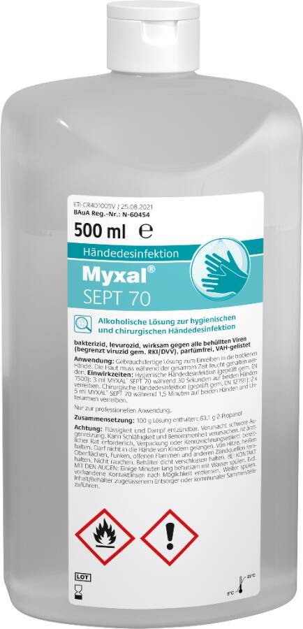 Desinfektion MYXAL® SEPT 70 14021-004 Inhalt 500 ml Ausführung unparfümiert Gebinde Hartflasche geeignet für Spender -