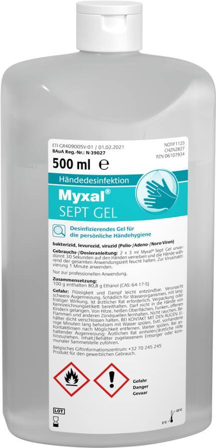 Desinfektionsmittel MYXAL® SEPT Gel 13743-002 Inhalt 500 ml Ausführung unparfümiert Gebinde Flasche geeignet für Spender