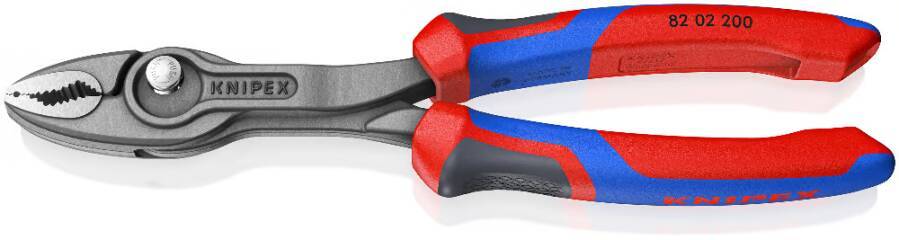 Nahaufnahme von Knipex-Zangen mit roten und blauen Griffen auf weißem Hintergrund.