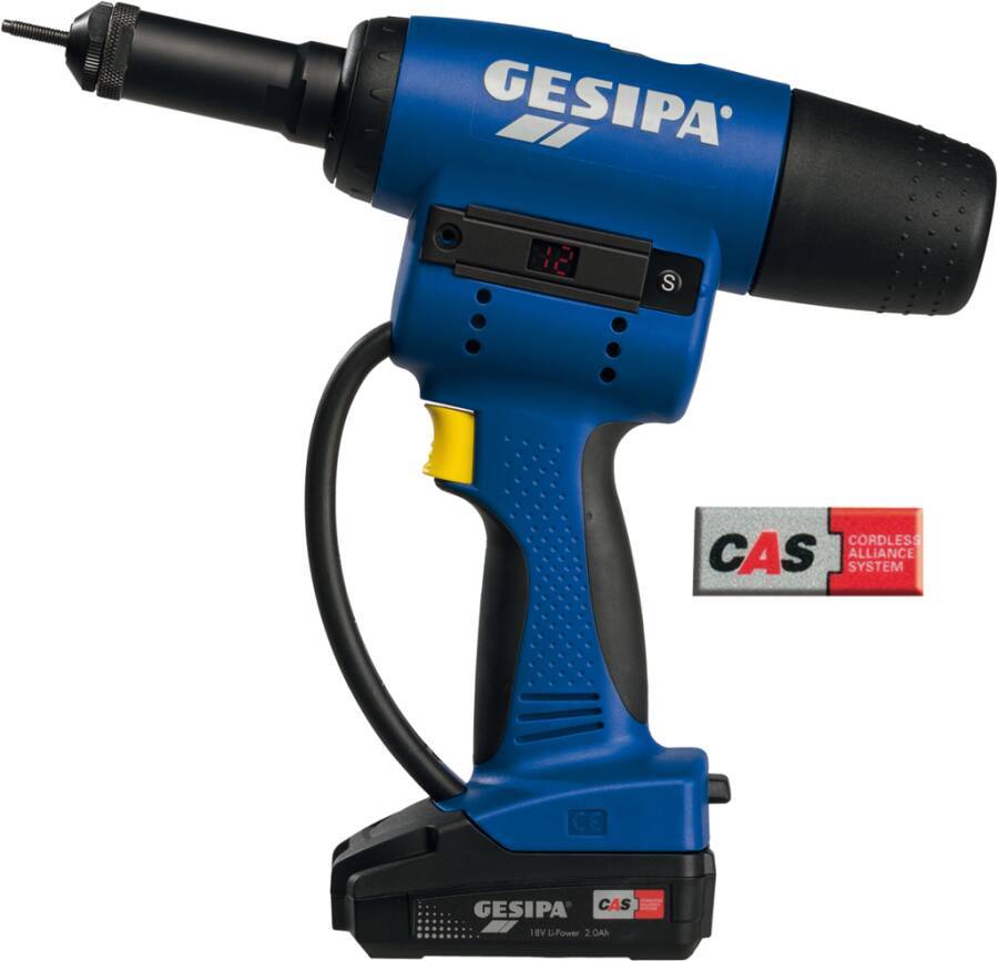 Blaues Gesipa Akku-Nietgerät mit Batteriepack und CAS-Logo auf weißem Hintergrund.