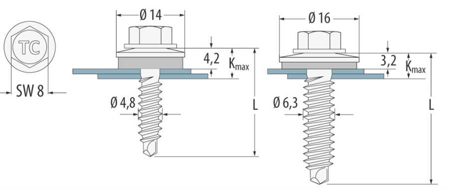 Sechskant-Bohrschraube A / Edelstahl A2 / 1.-4301 0282205 SW 8 mm Ø 4,9 mm Länge 20 mm Dichtscheiben-Ø 14 mm Bohrleistun