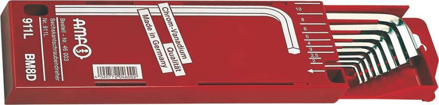 Sechskant-Winkelschraubendrehersatz lang, Schlüsselbox, 8-tlg. 46003 Größe 2 - 10 mm Schenkellänge 102 - 234 mm Inhalt 8