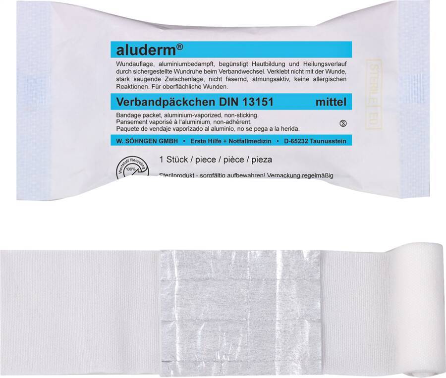 Verbandpäckchen aluderm® DIN 1003372 Ausführung mittel Binde ca. 4 m (ged.) x 8 cm Kompresse ca. 8 x 10 cm