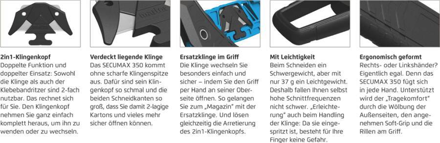 Sicherheitsmesser SECUMAX 350 350001.02 Typ SECUMAX 350 Breite 12 mm Länge 154 mm Höhe 40 mm Klingenstärke 0,3 mm Schn