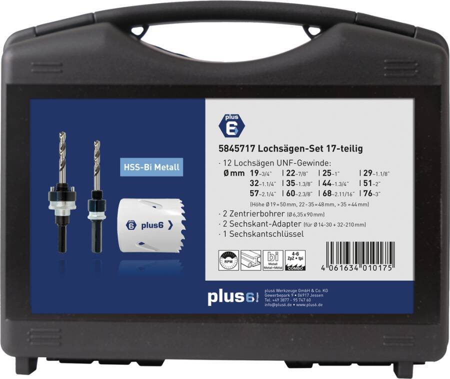Lochsägen-Satz HSS_Bi-Metall plus6 5845717 Ausführung 17-tlg. Inhalt 12 Lochsägen UNF-Gewinde Ø 19, 22, 25, 29, 32, 35
