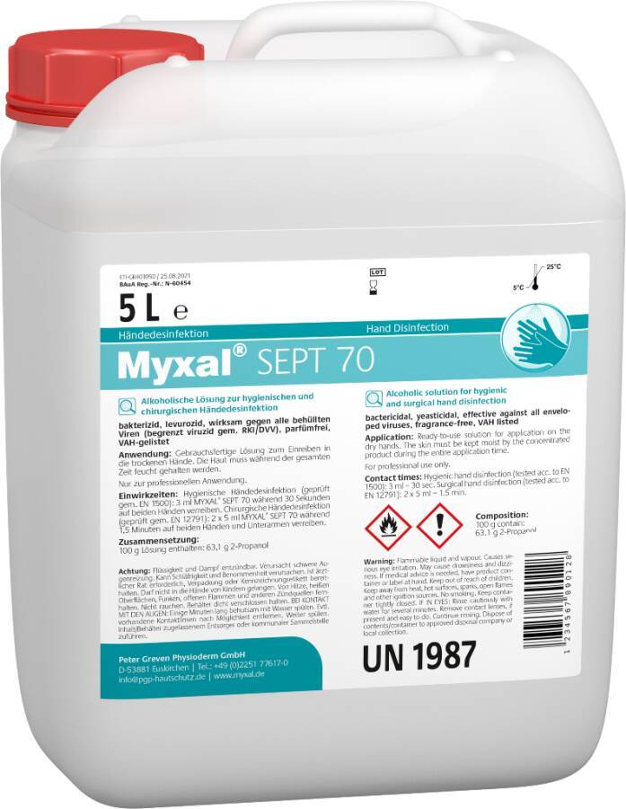 Desinfektion MYXAL® SEPT 70 14021-006 Inhalt 5 l Ausführung unparfümiert Gebinde Kanister geeignet für Spender -