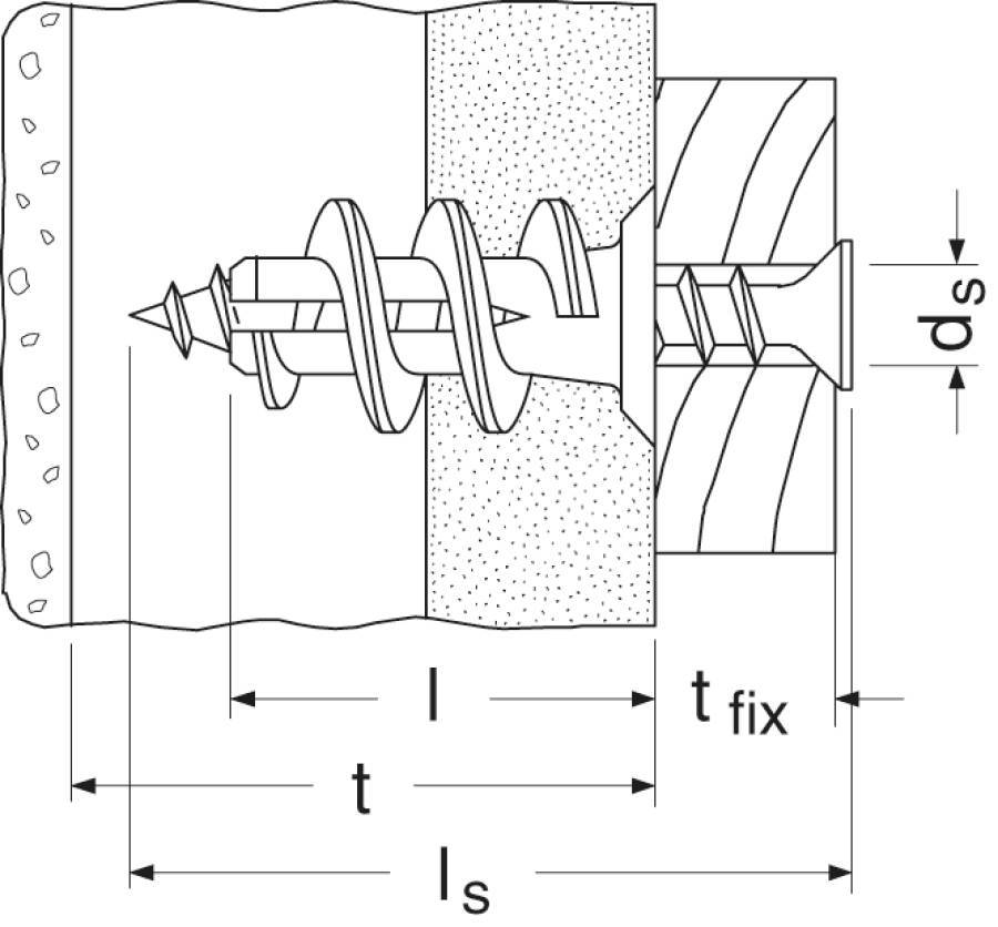 Gipskartondübel GK 52389 Typ GK Dübellänge 22 (l) mm min. Dicke bis zur ersten Tragschicht 25 (t) mm max. Dicke des Anba