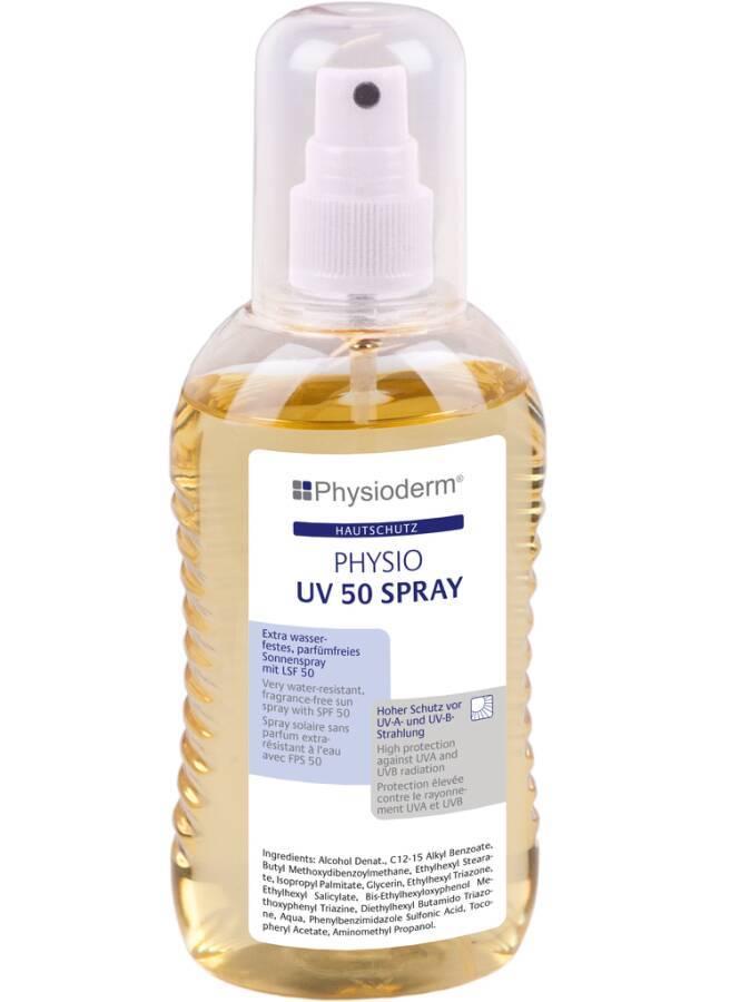 Flasche Physioderm Physio UV 50 Spray Sonnencreme mit Sprühkopf und deutschem Etikett, in vollständiger Frontansicht gezeigt.