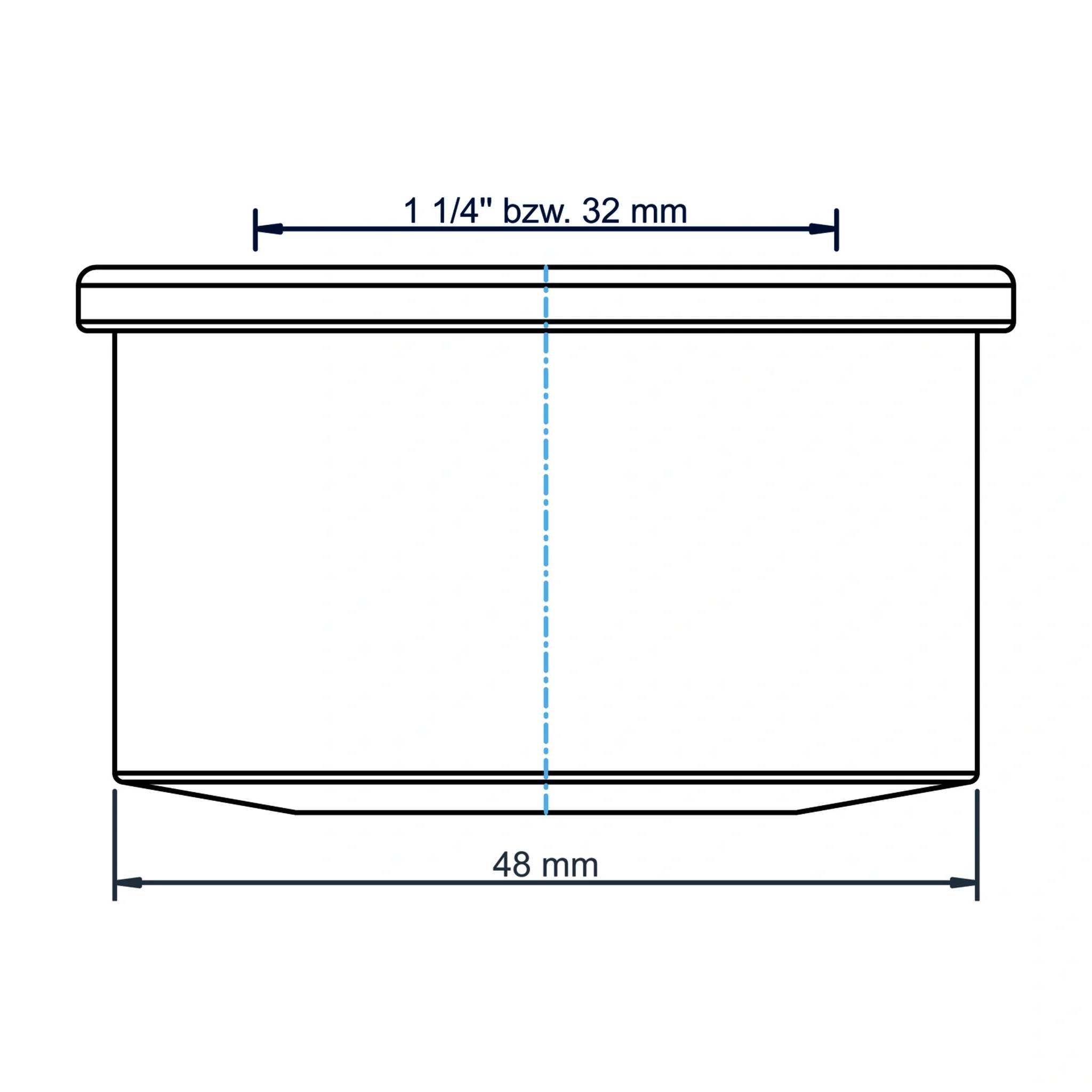 Technische Zeichnung eines zylindrischen Teils mit den Abmessungen: 1 1/4 Zoll (32 mm) Oberbreite und 48 mm Unterbreite.
