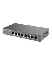 Grauer Ethernet-Netzwerk-Switch mit acht Anschlüssen an der Vorderseite und einer grünen Statusleuchte auf weißem Hintergrund
