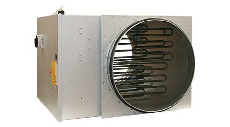 Metall-HVAC-Luftbehandlungsgerät oder Ofeneinheit mit großer kreisförmiger Spulenöffnung und internen schwarzen Heiz-/Kühlrohren.