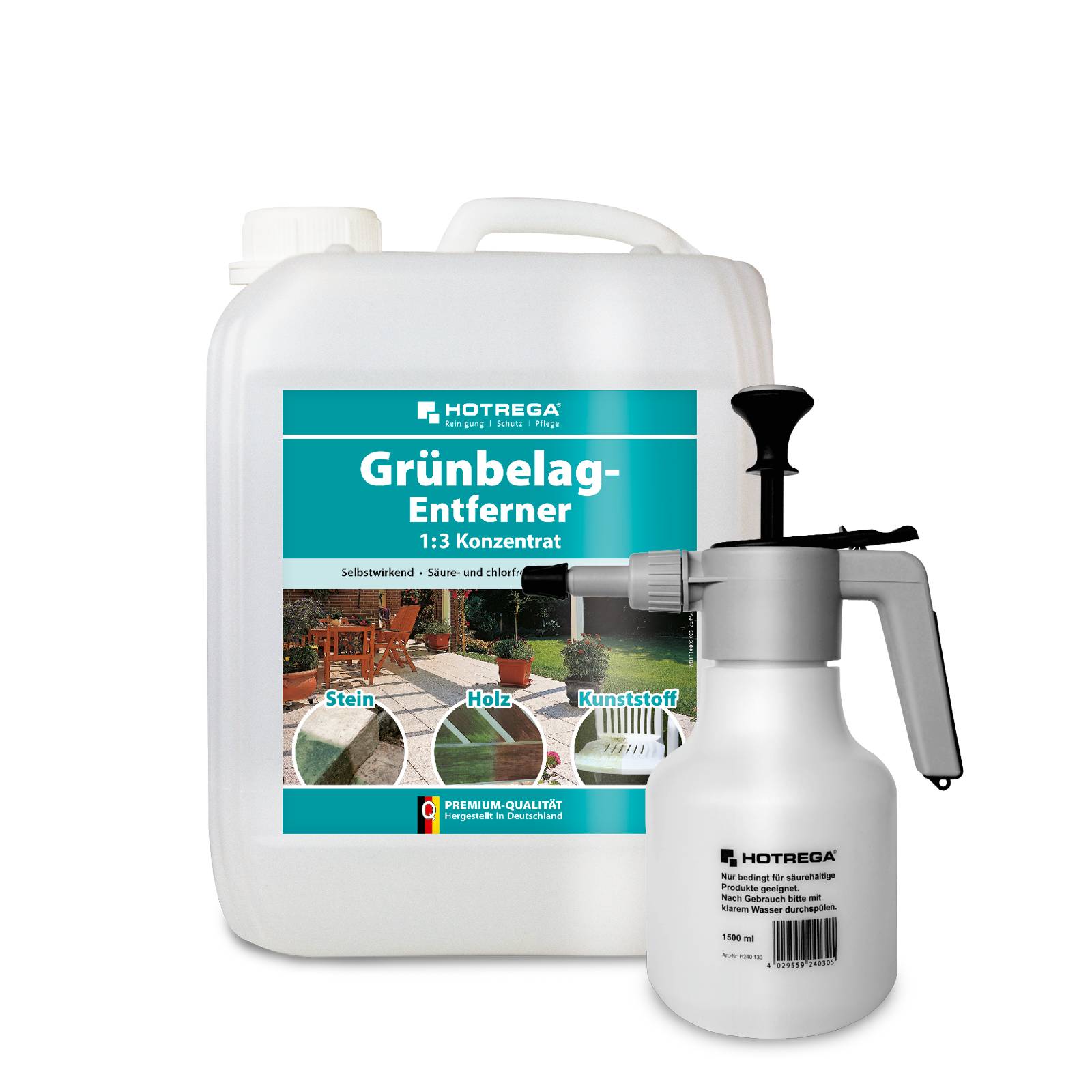 HOTREGA Grünbelagentferner 1:3 Konzentrat 5 Liter + Druckspritze 1,5L