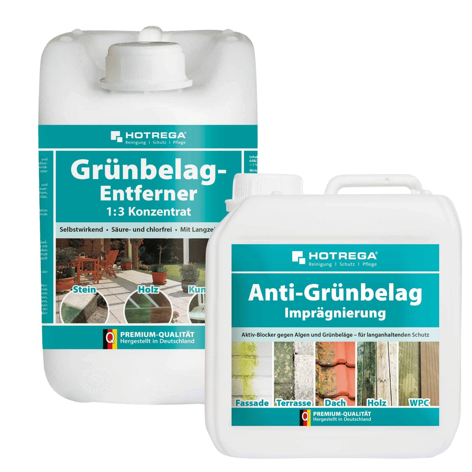 HOTREGA Grünbelagentferner 1:3 Konzentrat 5 Liter + Anti Grünbelag Imprägnierung 2 Liter