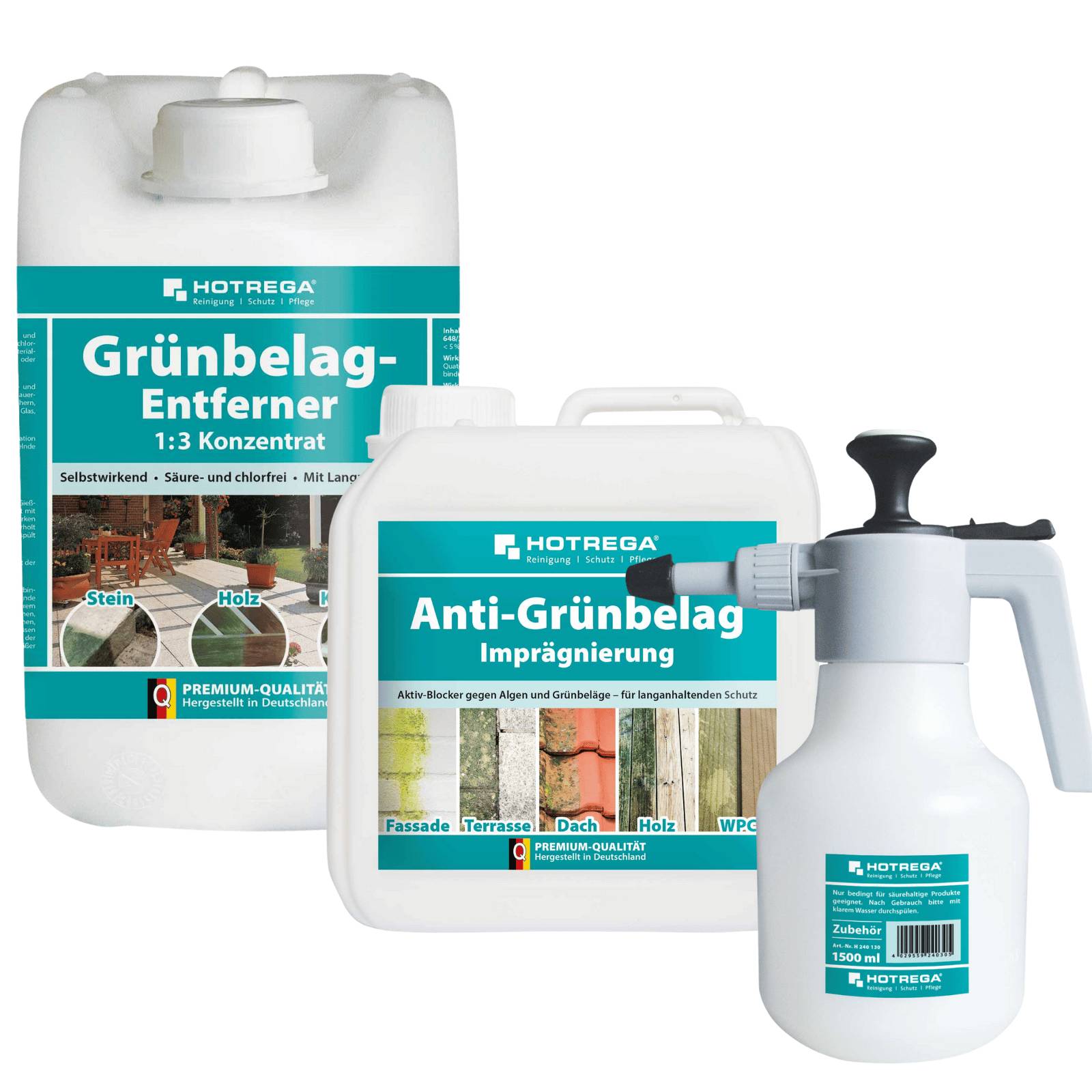 HOTREGA Grünbelagentferner 1:3 Konzentrat 5L + Anti Grünbelag Imprägnierung 2L + Druckspritze 1,5L