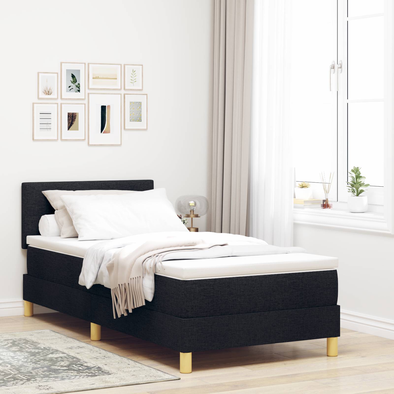 vidaXL LED Boxspringbett mit Matratze Schwarz 90x200 cm Stoff
