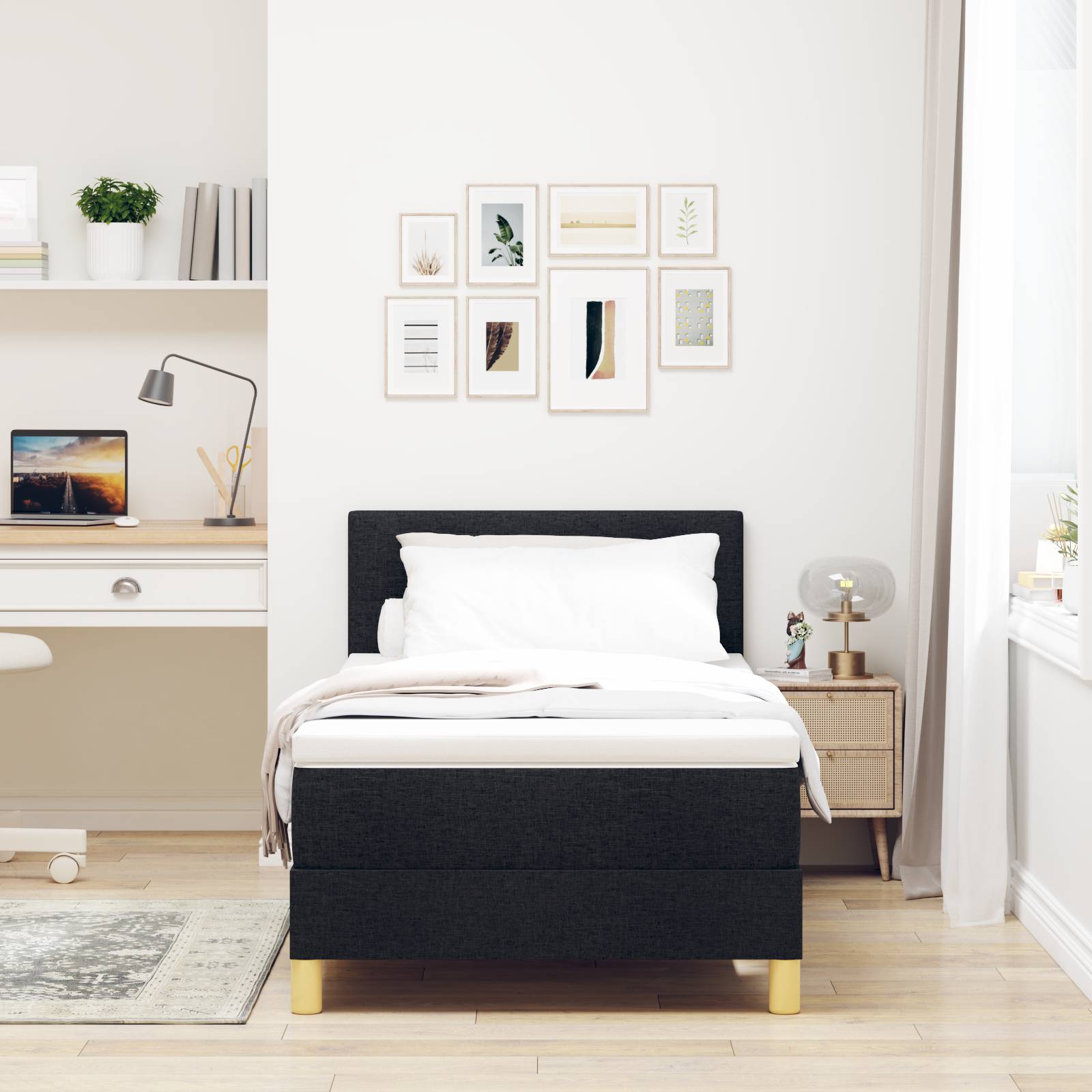 vidaXL LED Boxspringbett mit Matratze Schwarz 90x200 cm Stoff