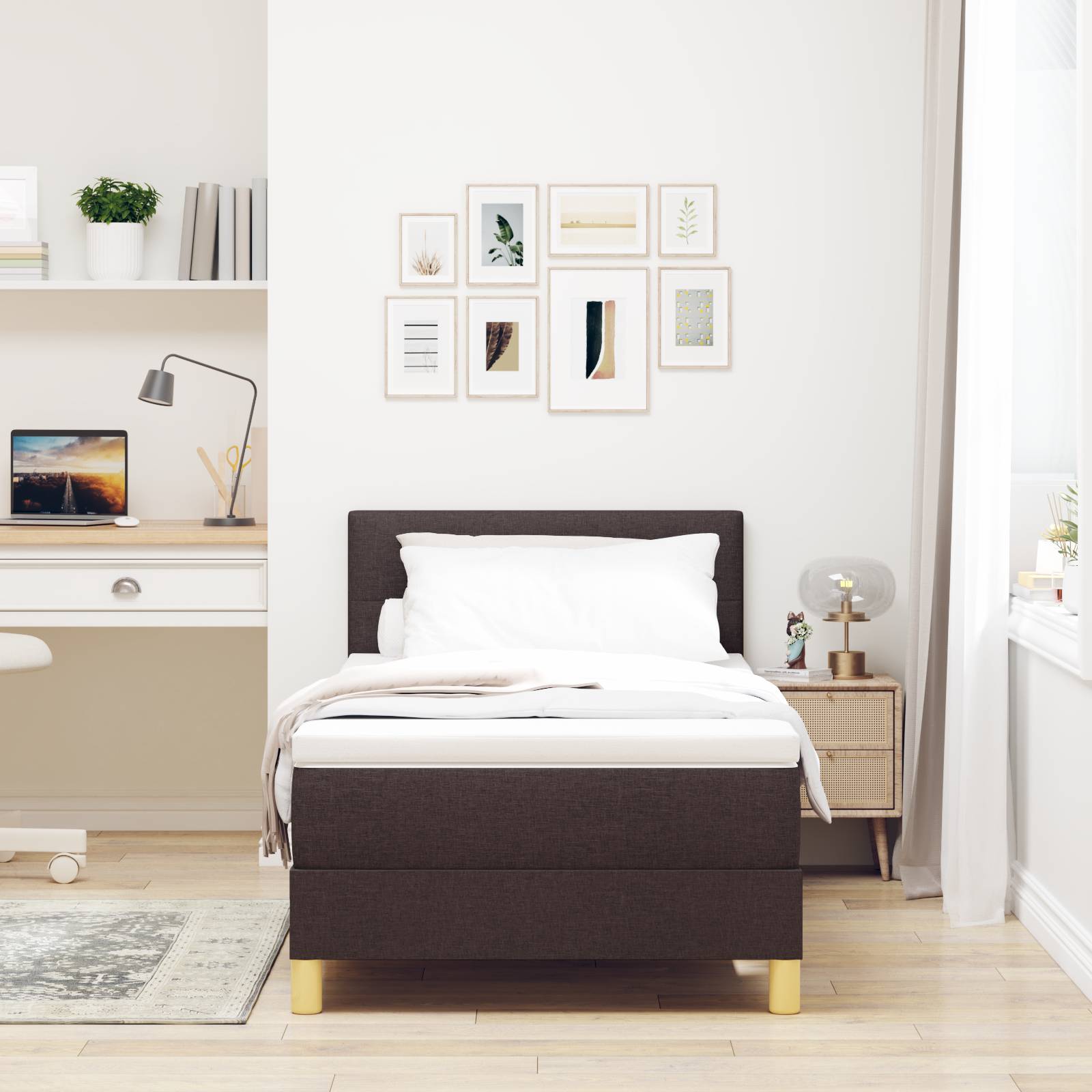 vidaXL LED Boxspringbett mit Matratze Dunkelbraun 90x200 cm Stoff