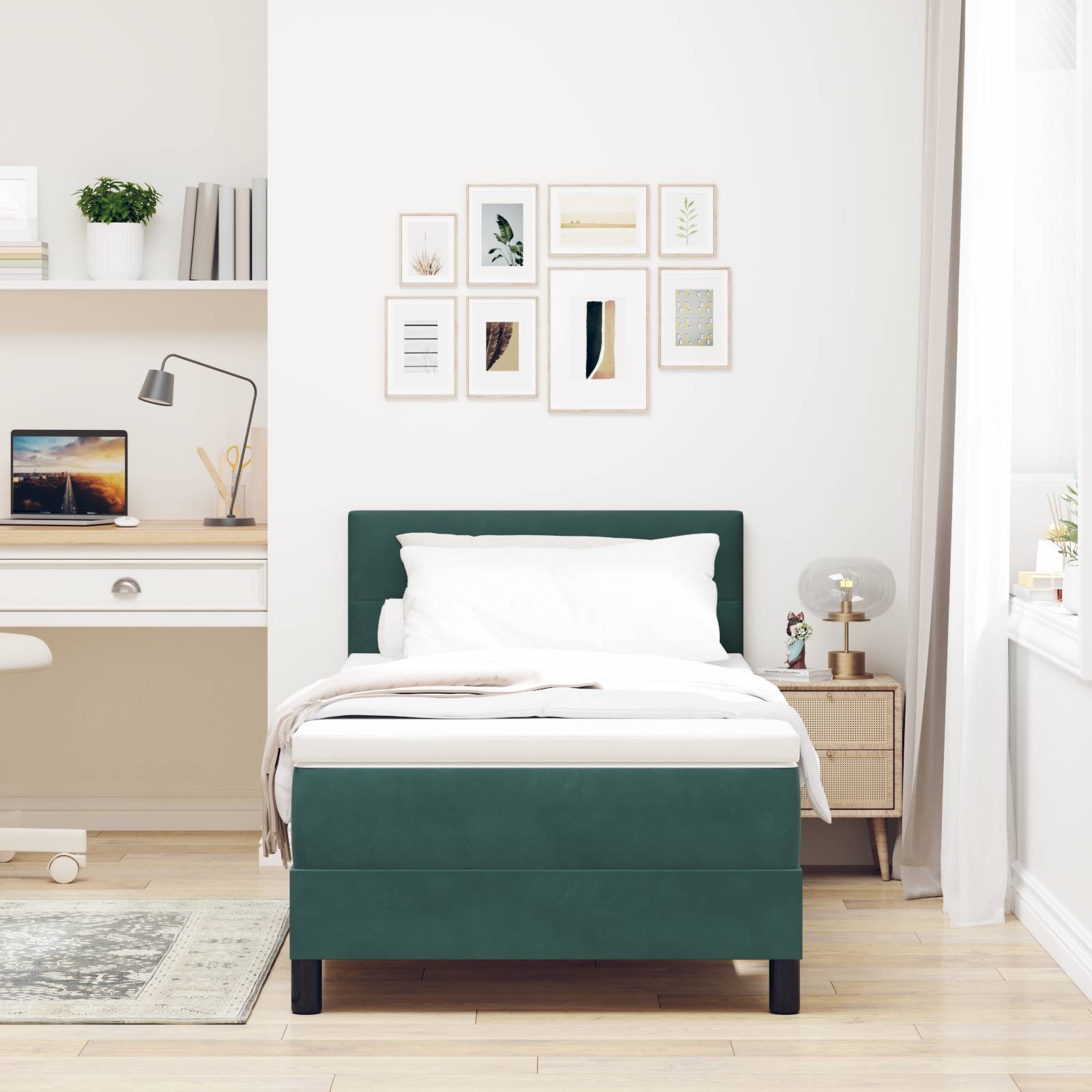vidaXL LED Boxspringbett mit Matratze Dunkelgrün 80x200 cm Samt