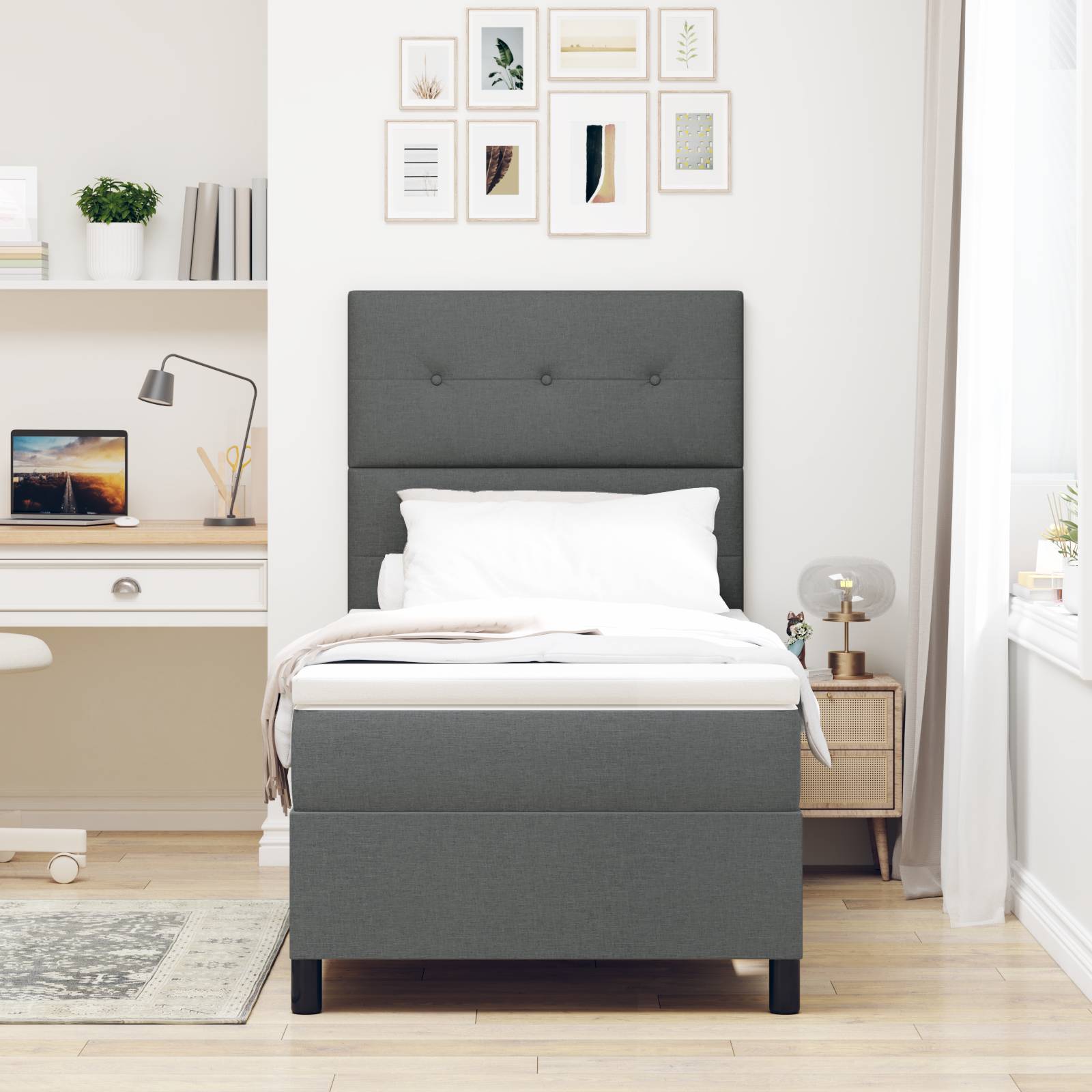 vidaXL Boxspringbett mit Matratze Dunkelgrau 90x200 cm Stoff