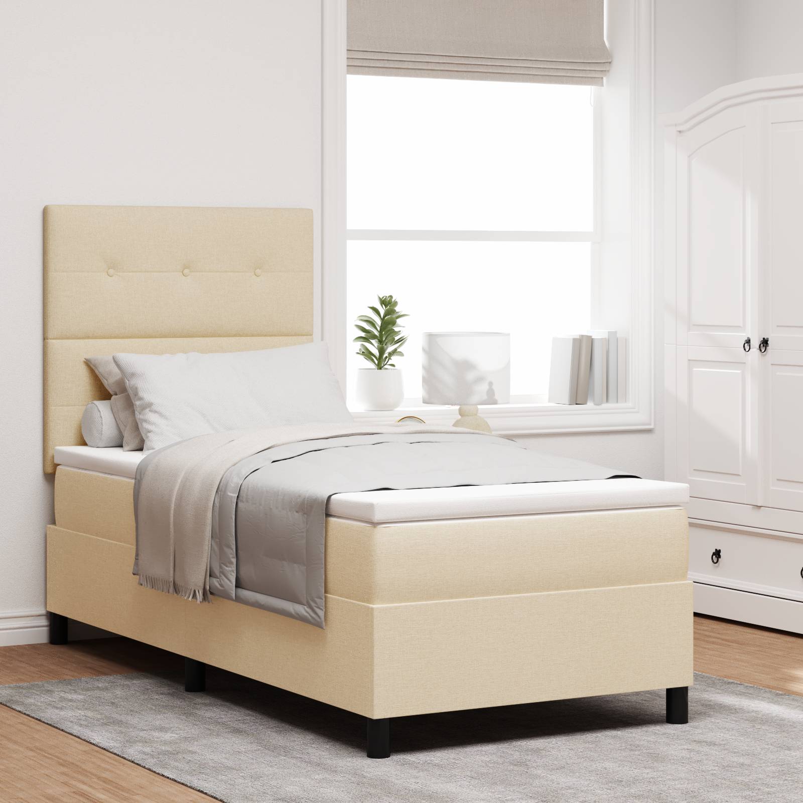 vidaXL Boxspringbett mit Matratze & LED in Creme, 90 x 190 cm, Stoff