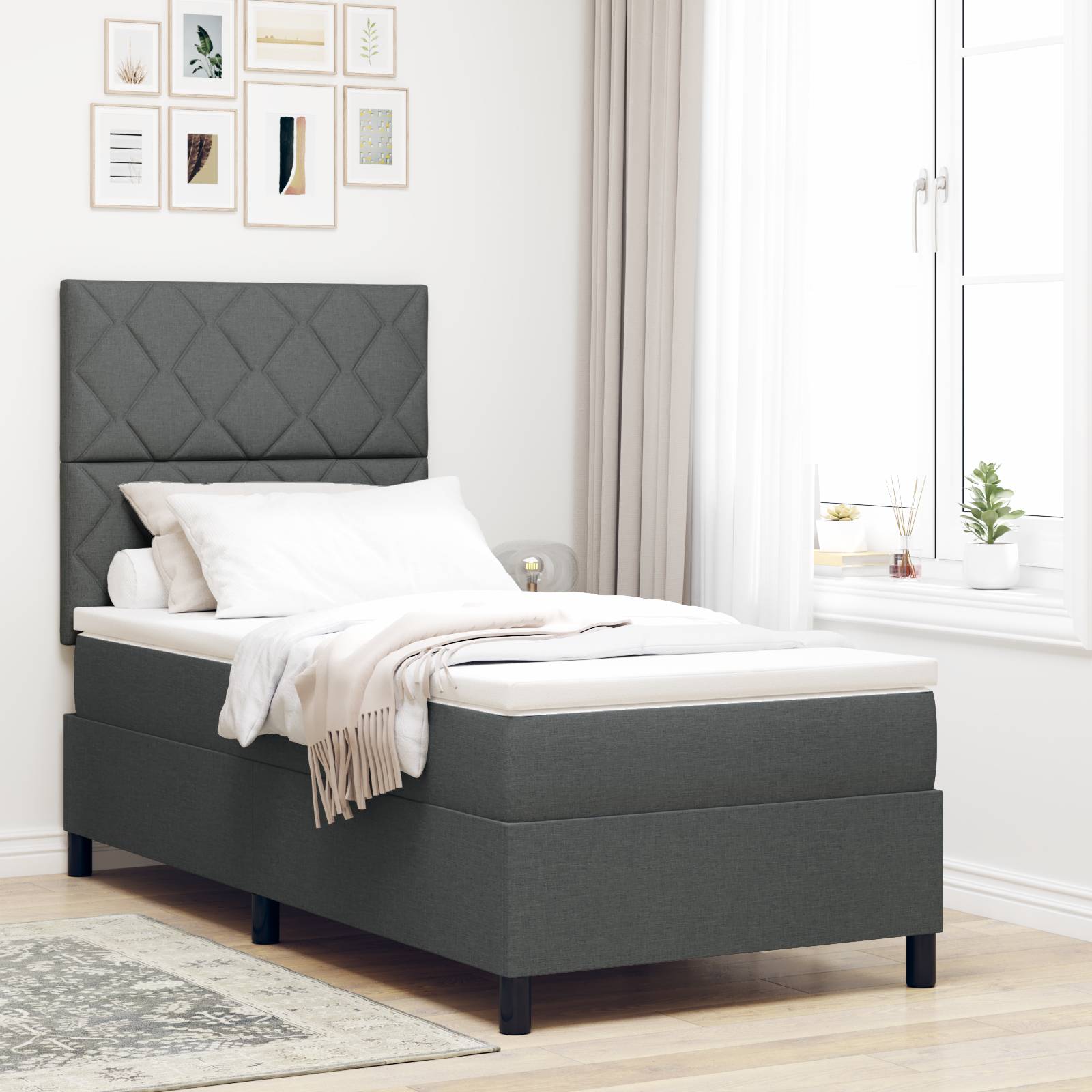 vidaXL Boxspringbett mit Matratze & LED in Dunkelgrau, 90 x 190 cm, Stoff.