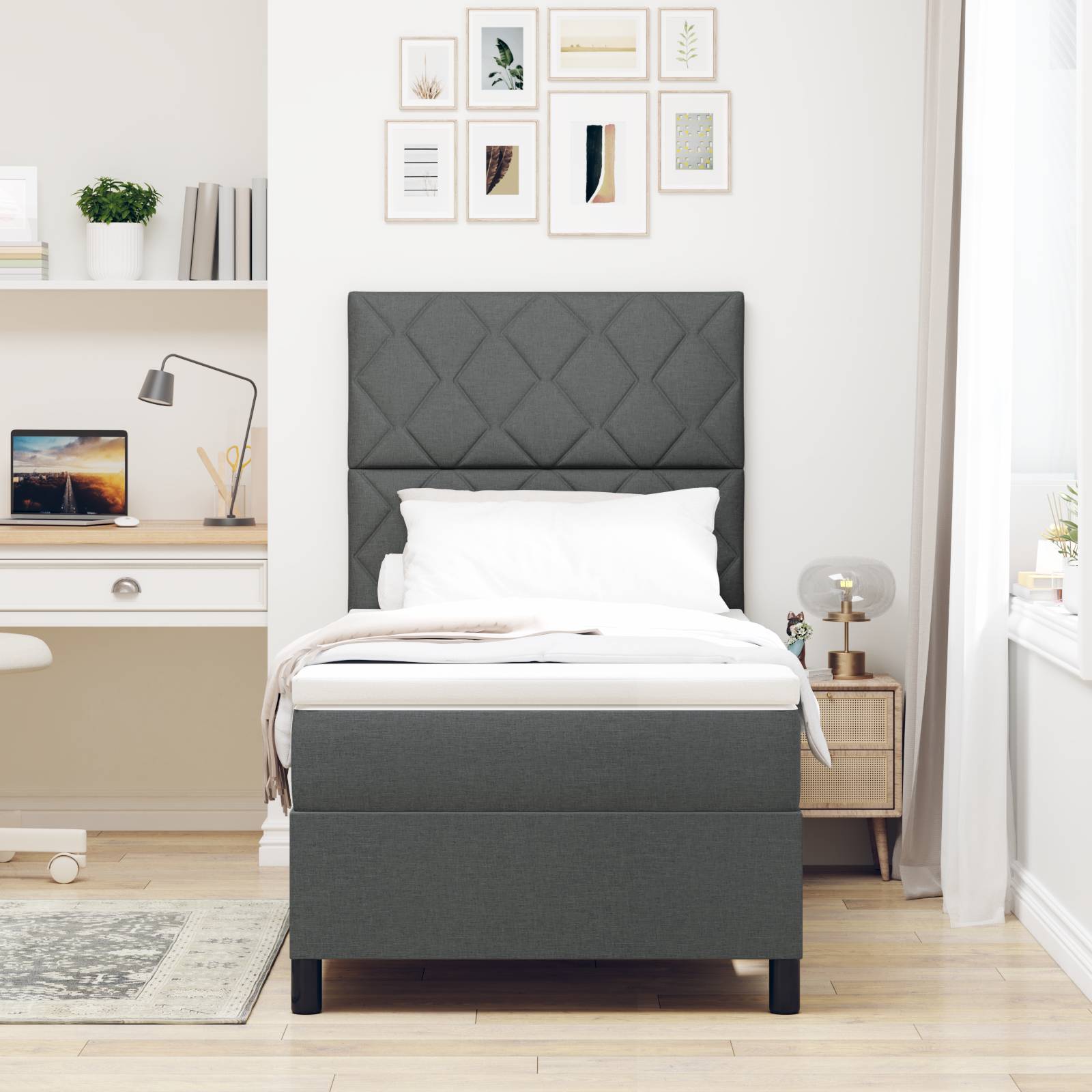 vidaXL Boxspringbett mit Matratze & LED in Dunkelgrau, 90 x 190 cm, Stoff.