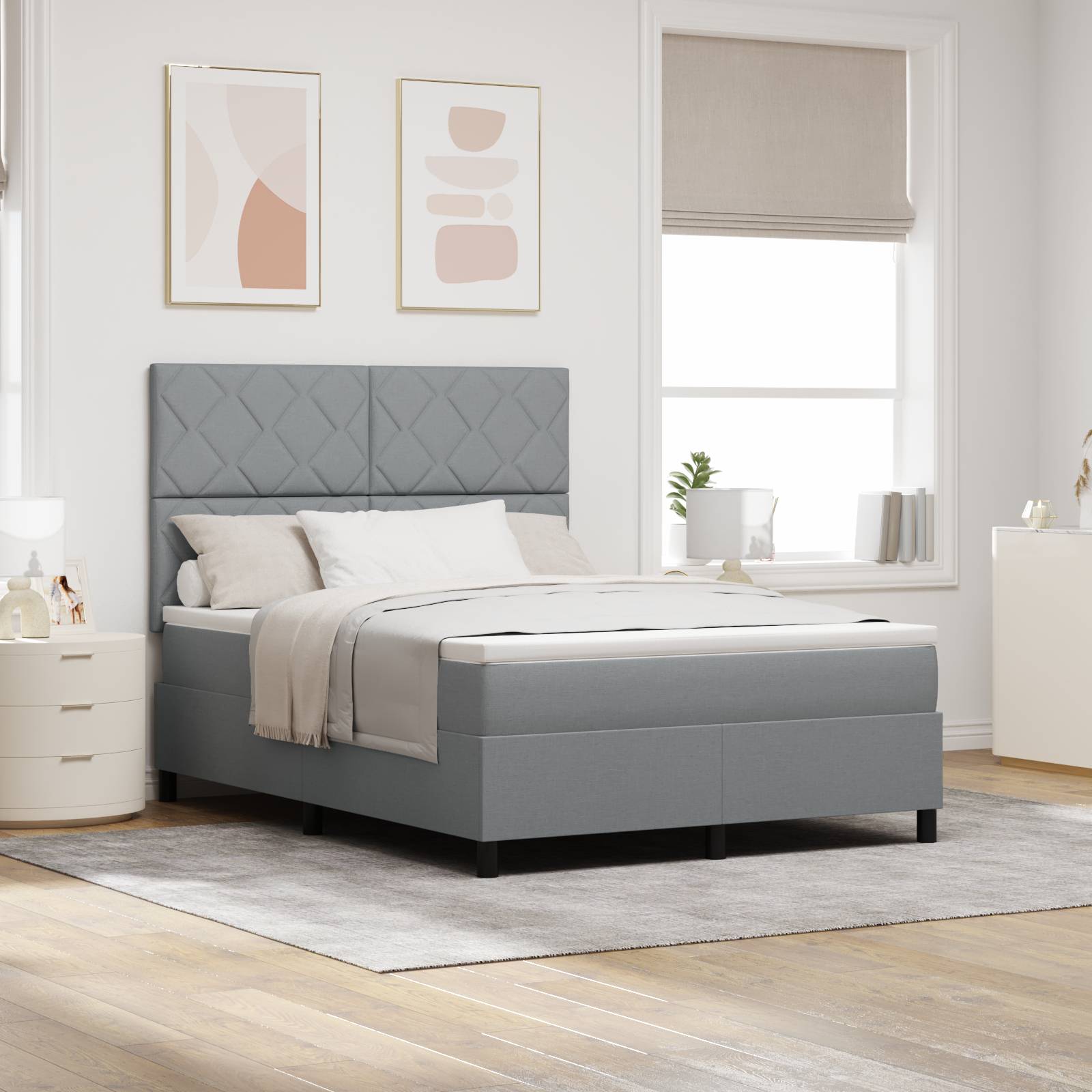 vidaXL Boxspringbett mit Matratze und LED-Licht - Hellgrau, 140 x 190 cm, Stoff