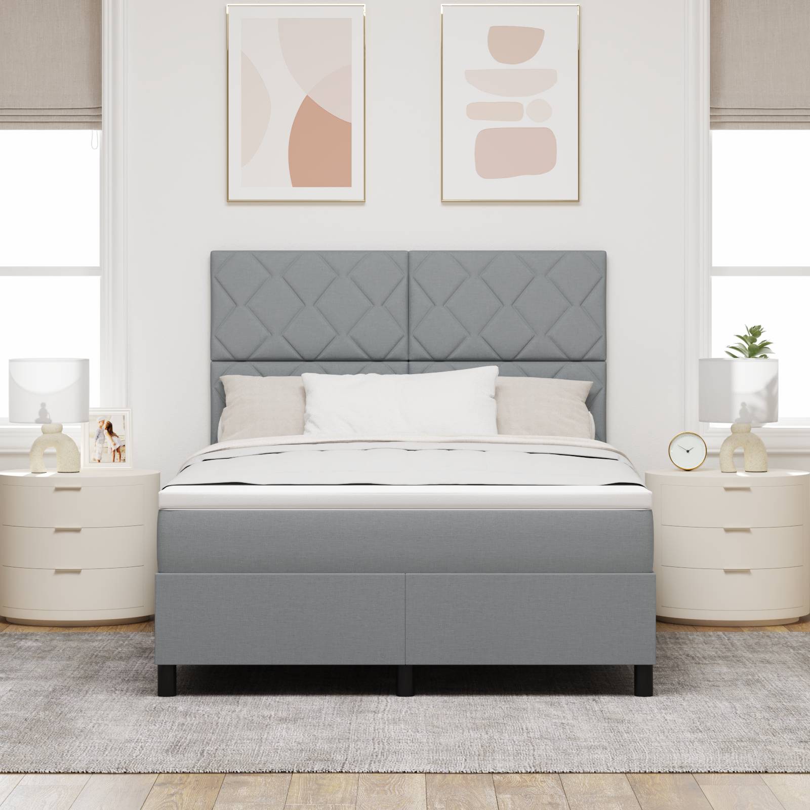 vidaXL Boxspringbett mit Matratze und LED-Licht - Hellgrau, 140 x 190 cm, Stoff