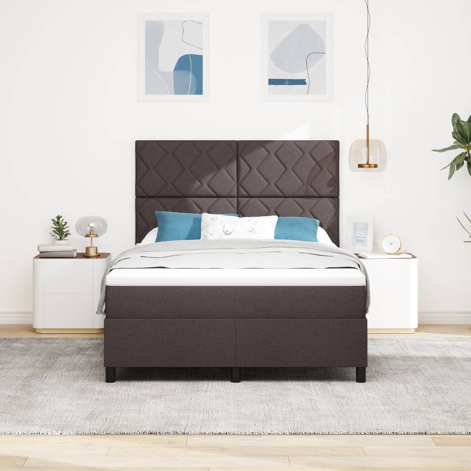vidaXL Boxspringbett mit Matratze & LED - Dunkelbraun, 140 x 190 cm, Stoff