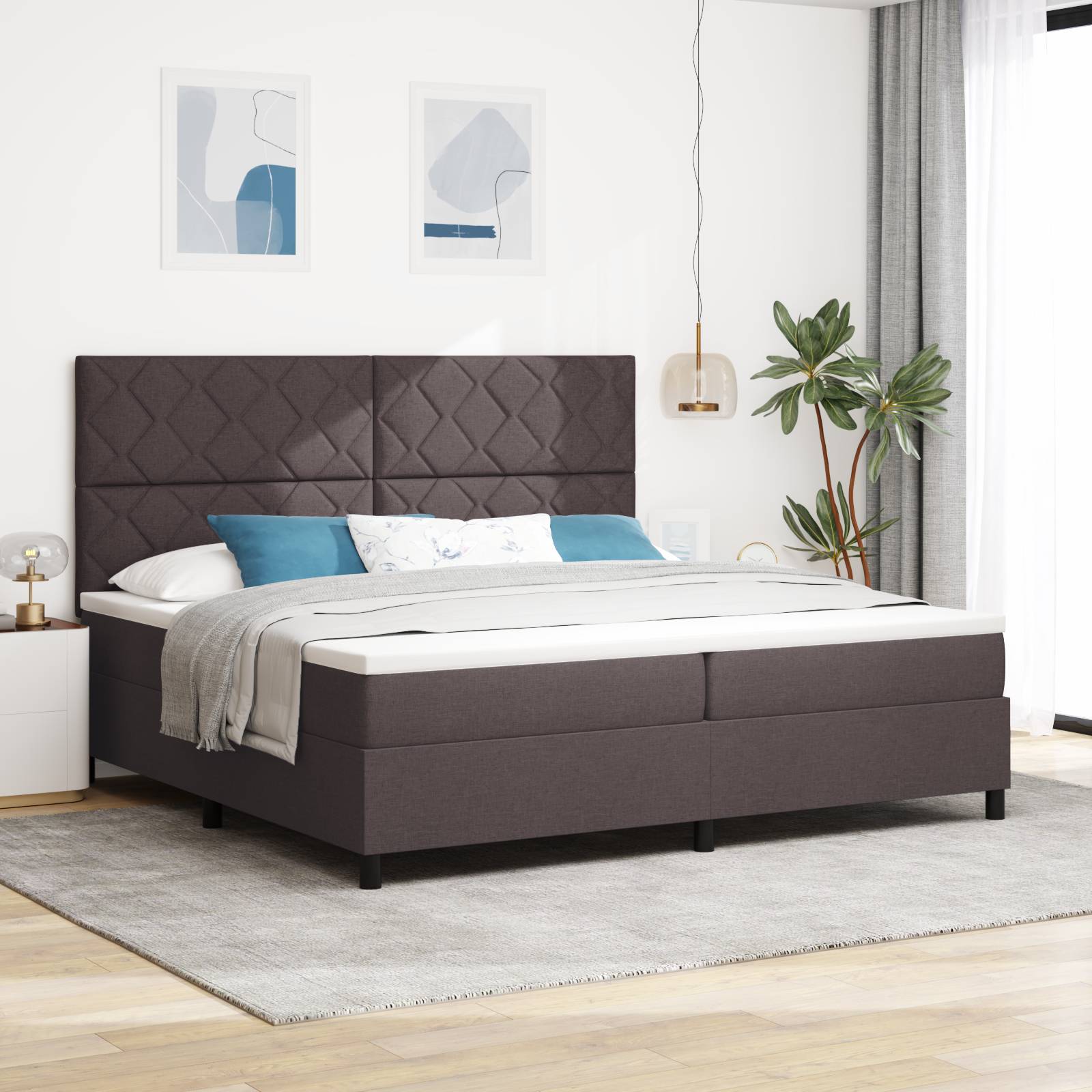 vidaXL Boxspringbett mit Matratze & LED in Dunkelbraun, 200 x 200 cm, Stoff