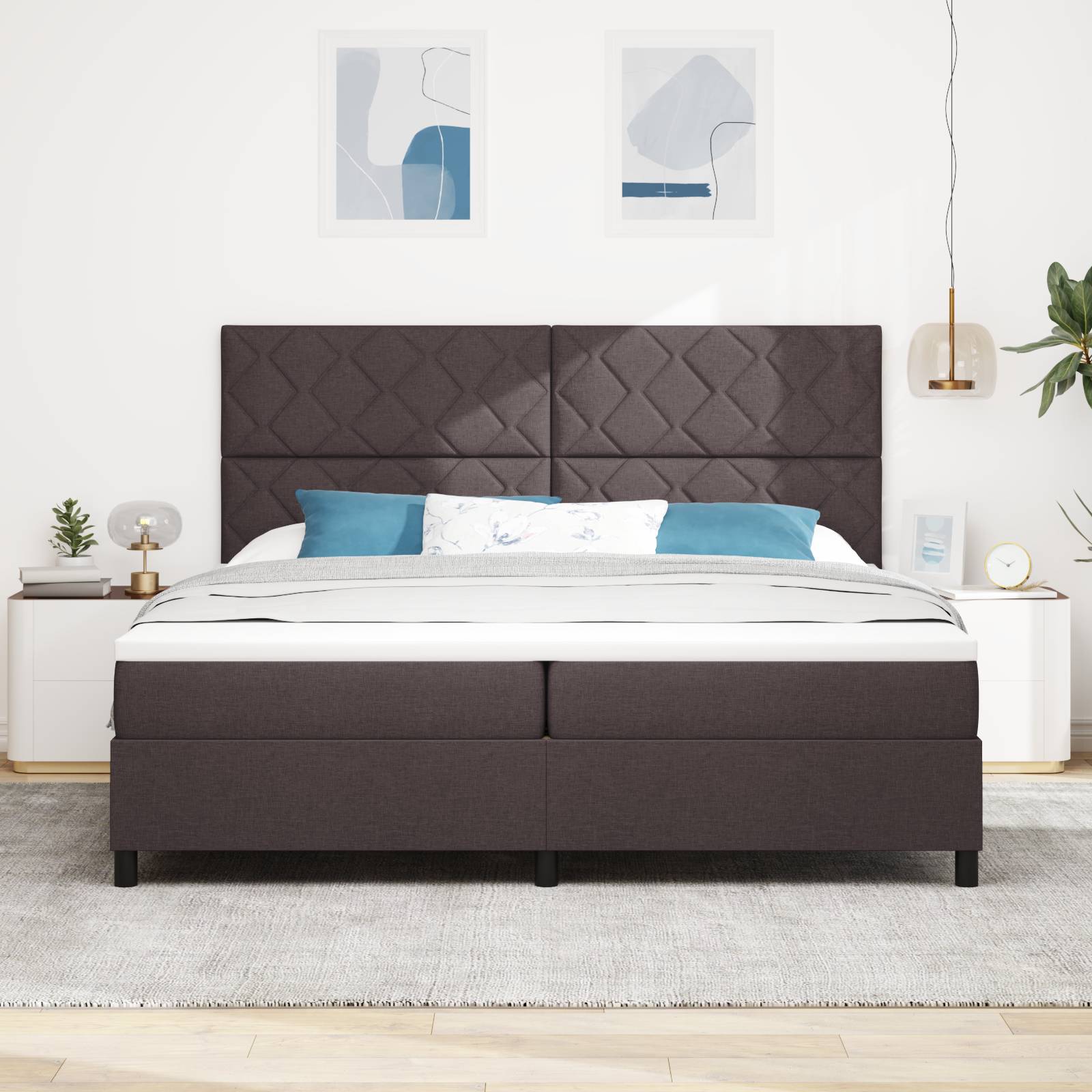 vidaXL Boxspringbett mit Matratze & LED in Dunkelbraun, 200 x 200 cm, Stoff