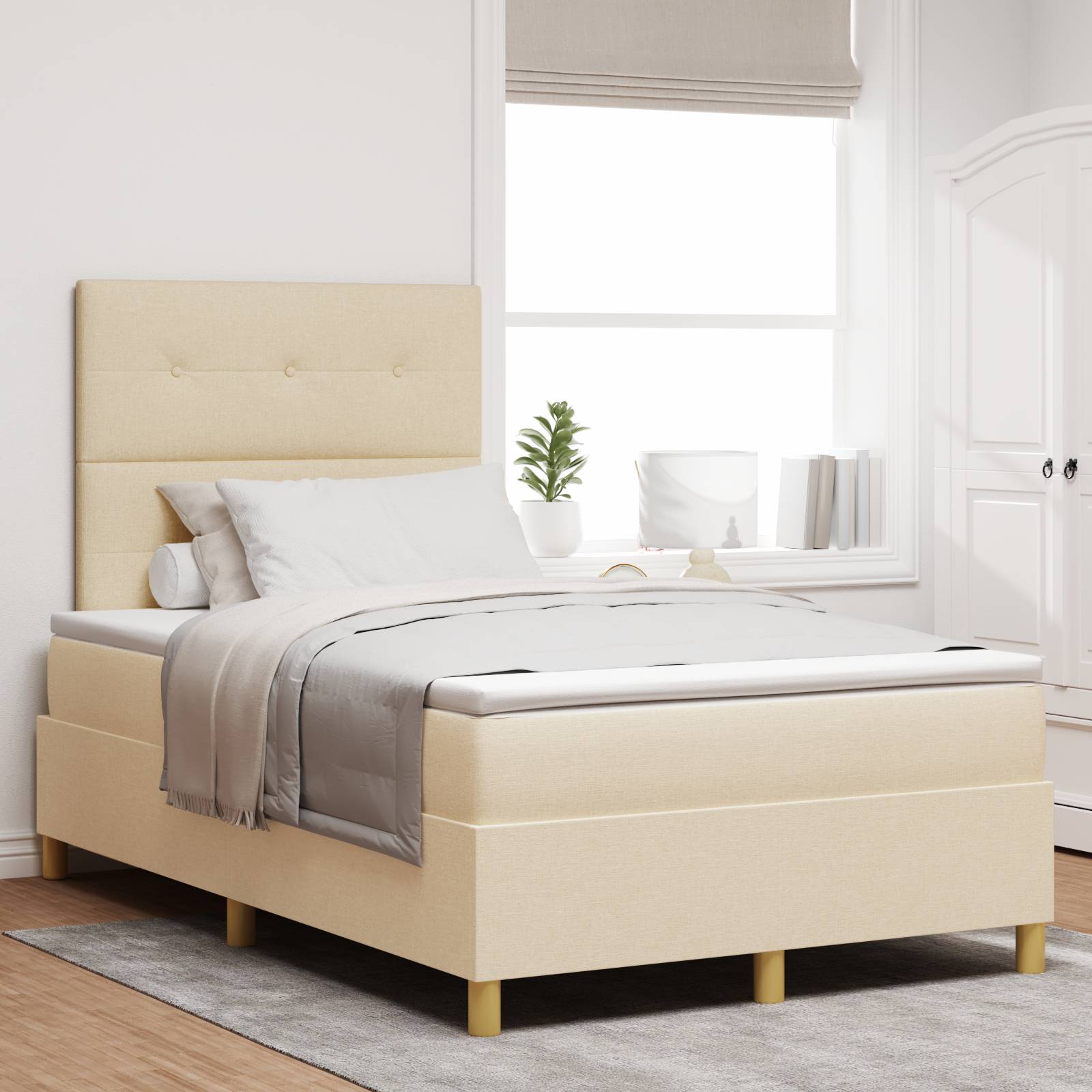 vidaXL LED Boxspringbett mit Matratze Creme 120x200 cm Stoff