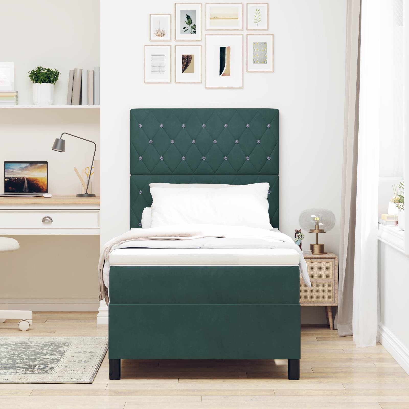 vidaXL Boxspringbett mit Matratze Dunkelgrün 100x200 cm Samt