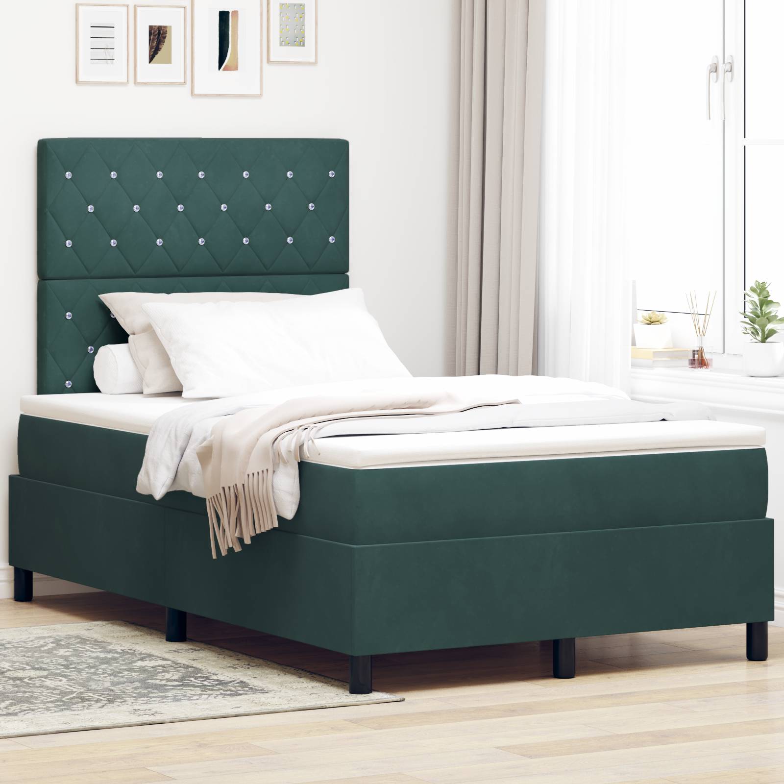 vidaXL Boxspringbett mit Matratze Dunkelgrün Samt