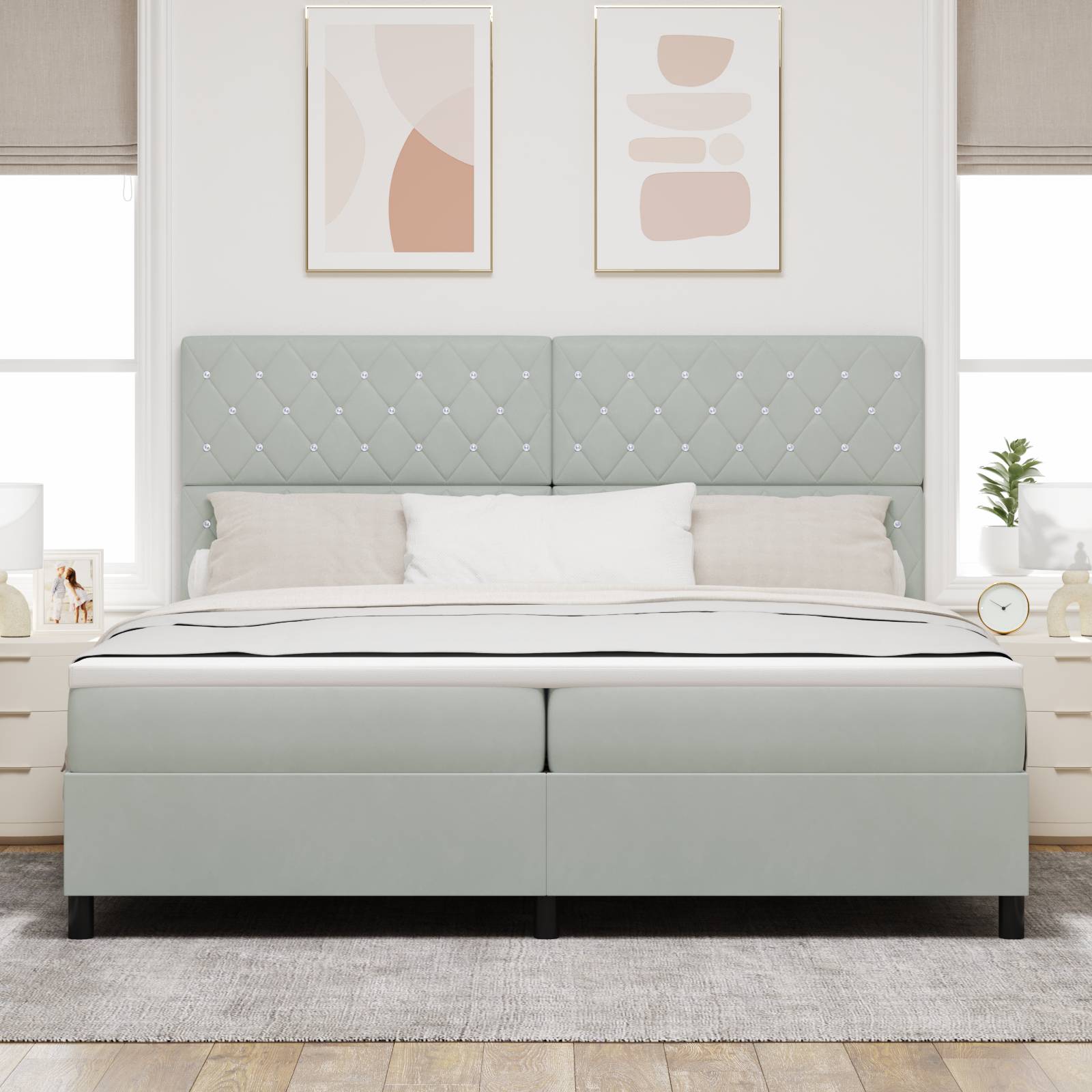 vidaXL LED Boxspringbett mit Matratze Hellgrau 200x200 cm Samt