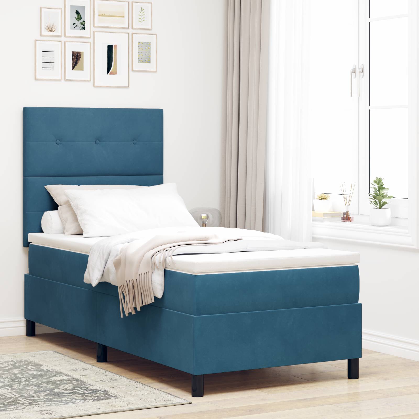 vidaXL Boxspringbett mit Matratze Dunkelblau Samt