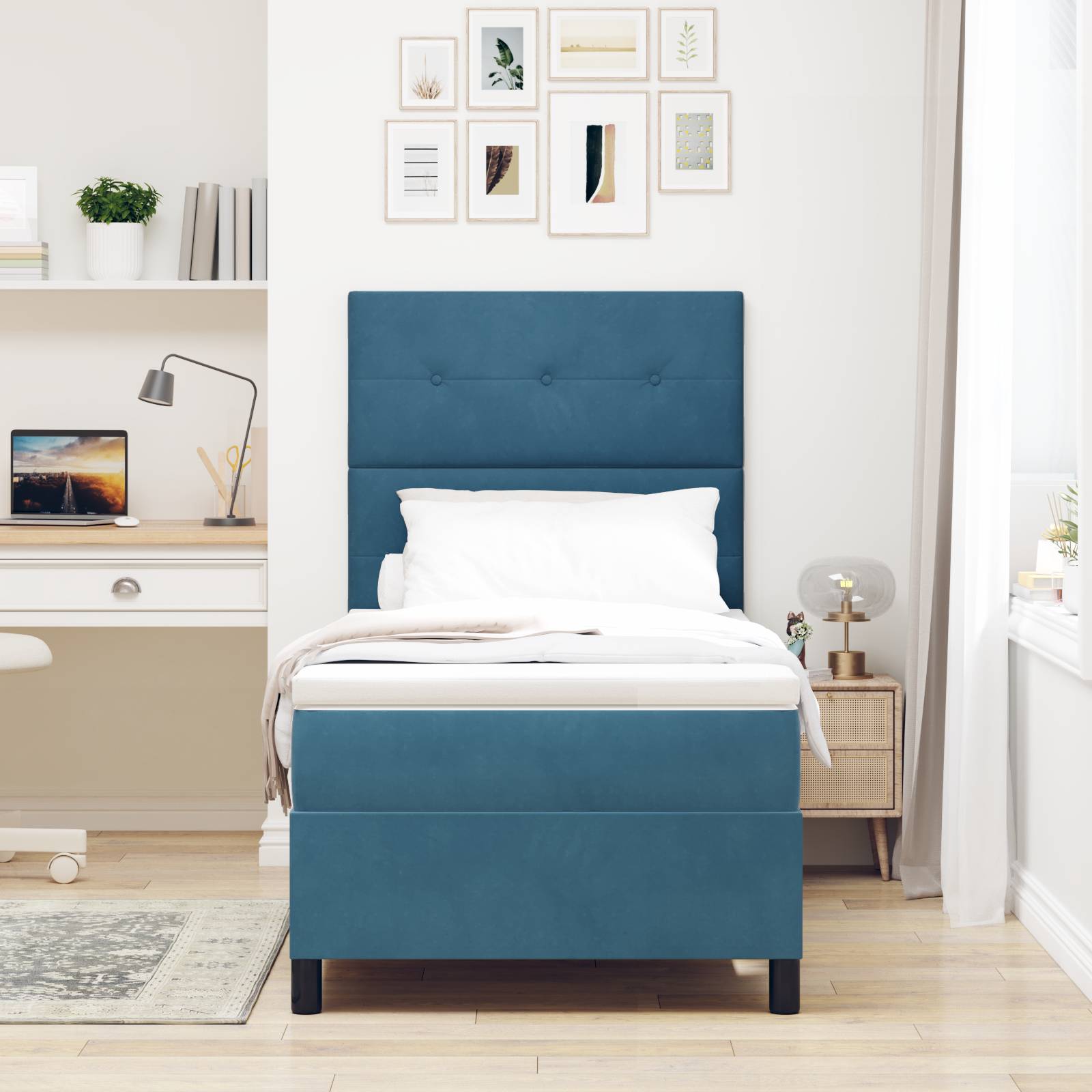 vidaXL Boxspringbett mit Matratze Dunkelblau Samt