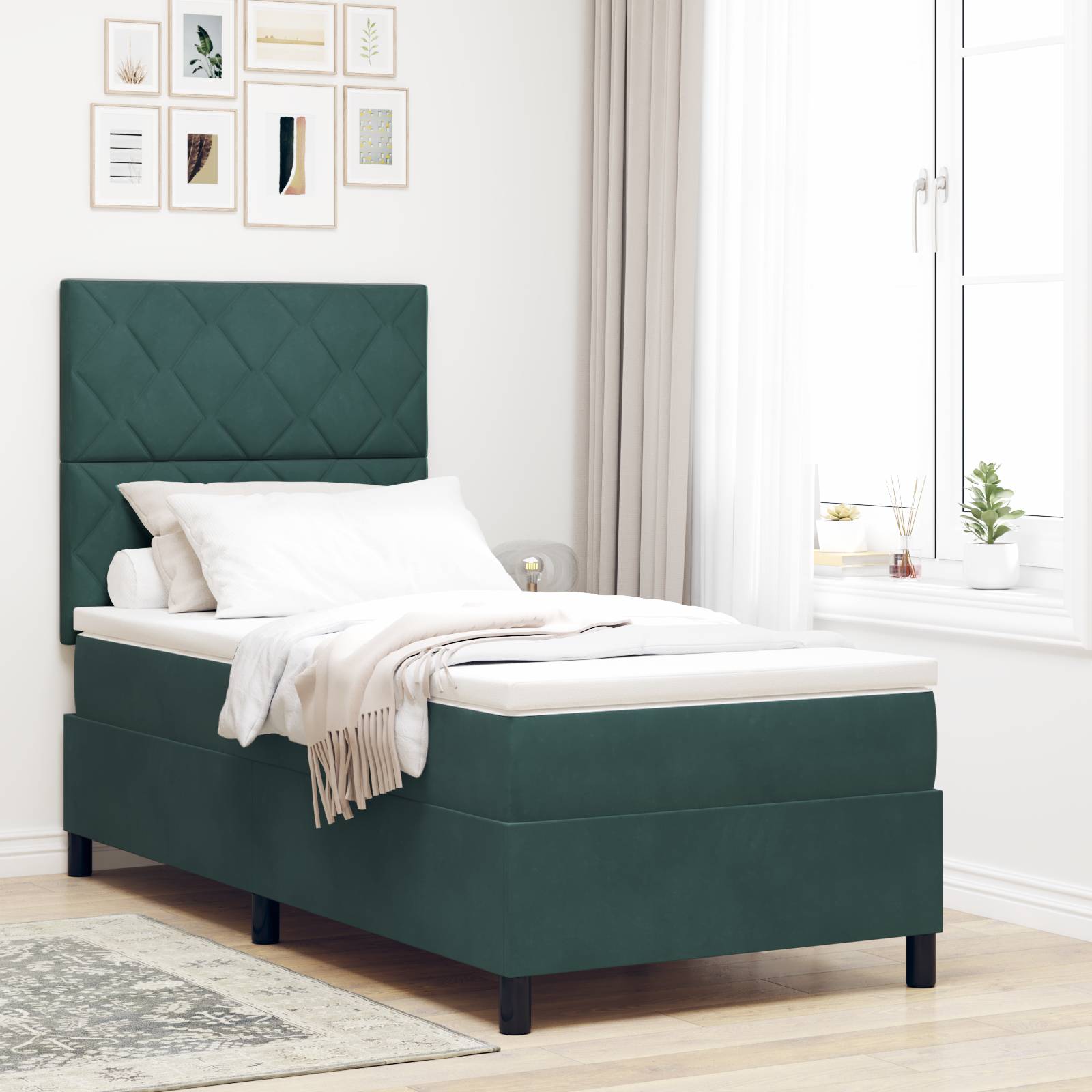 vidaXL Boxspringbett mit Matratze Dunkelgrün 100x200 cm Samt
