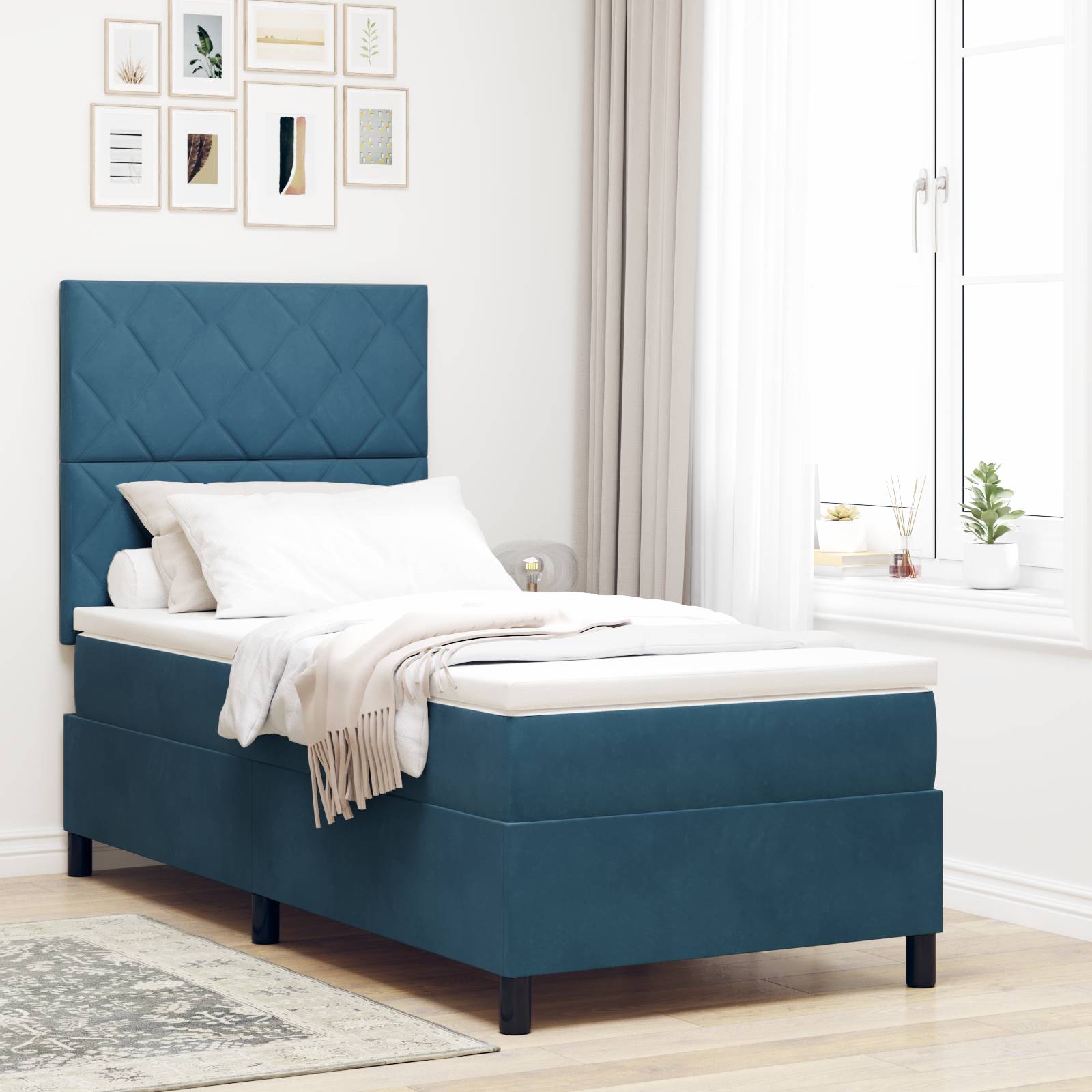 vidaXL LED Boxspringbett mit Matratze Dunkelblau 100x200 cm Samt