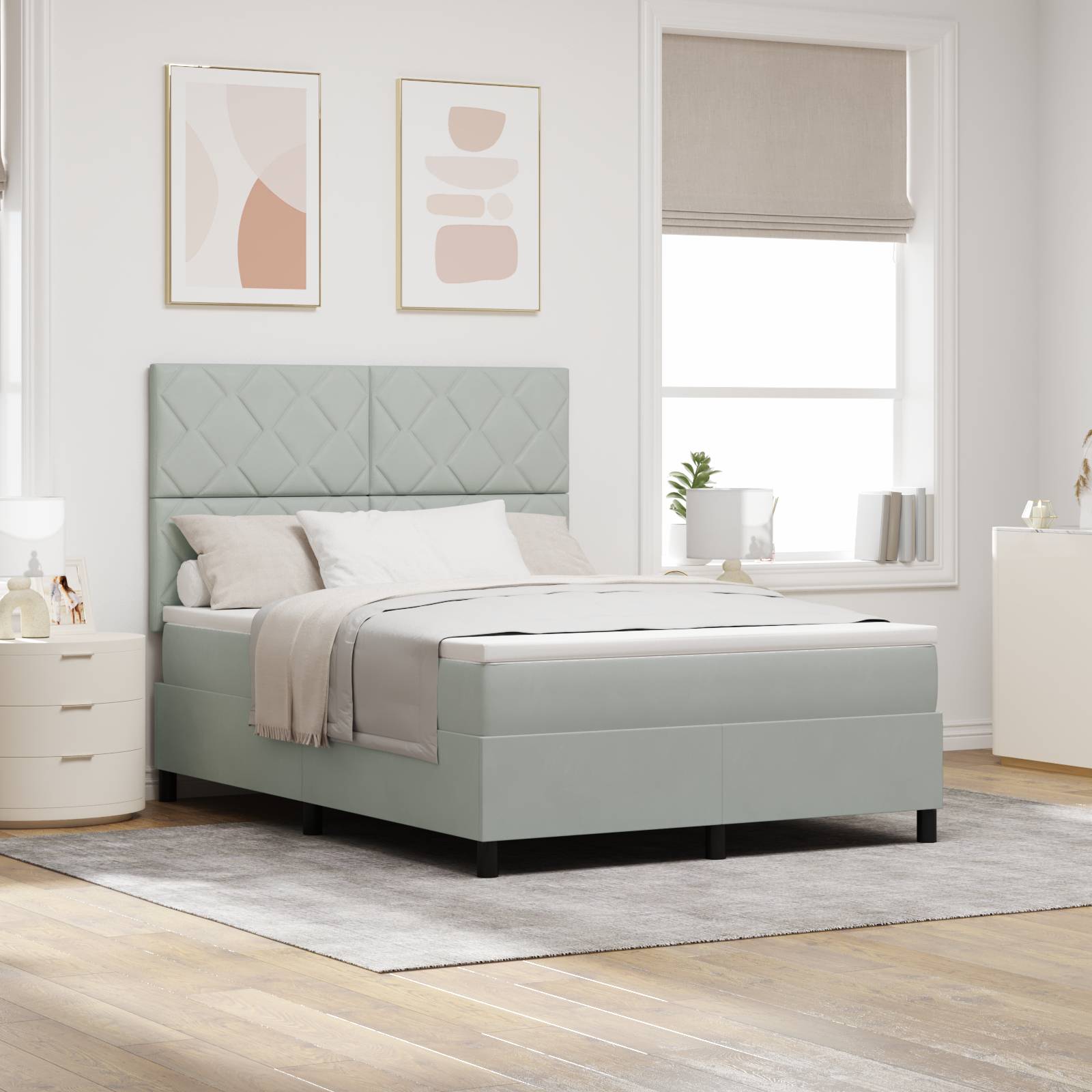 vidaXL LED Boxspringbett mit Matratze Hellgrau 140x190 cm Samt