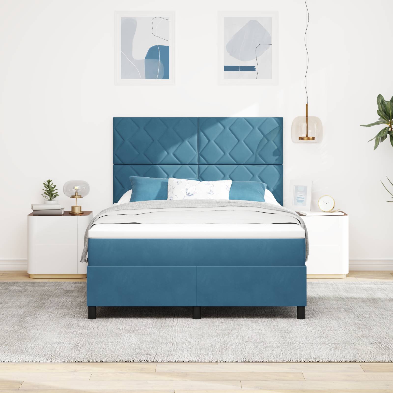 vidaXL LED Boxspringbett mit Matratze Dunkelblau 140x190 cm Samt