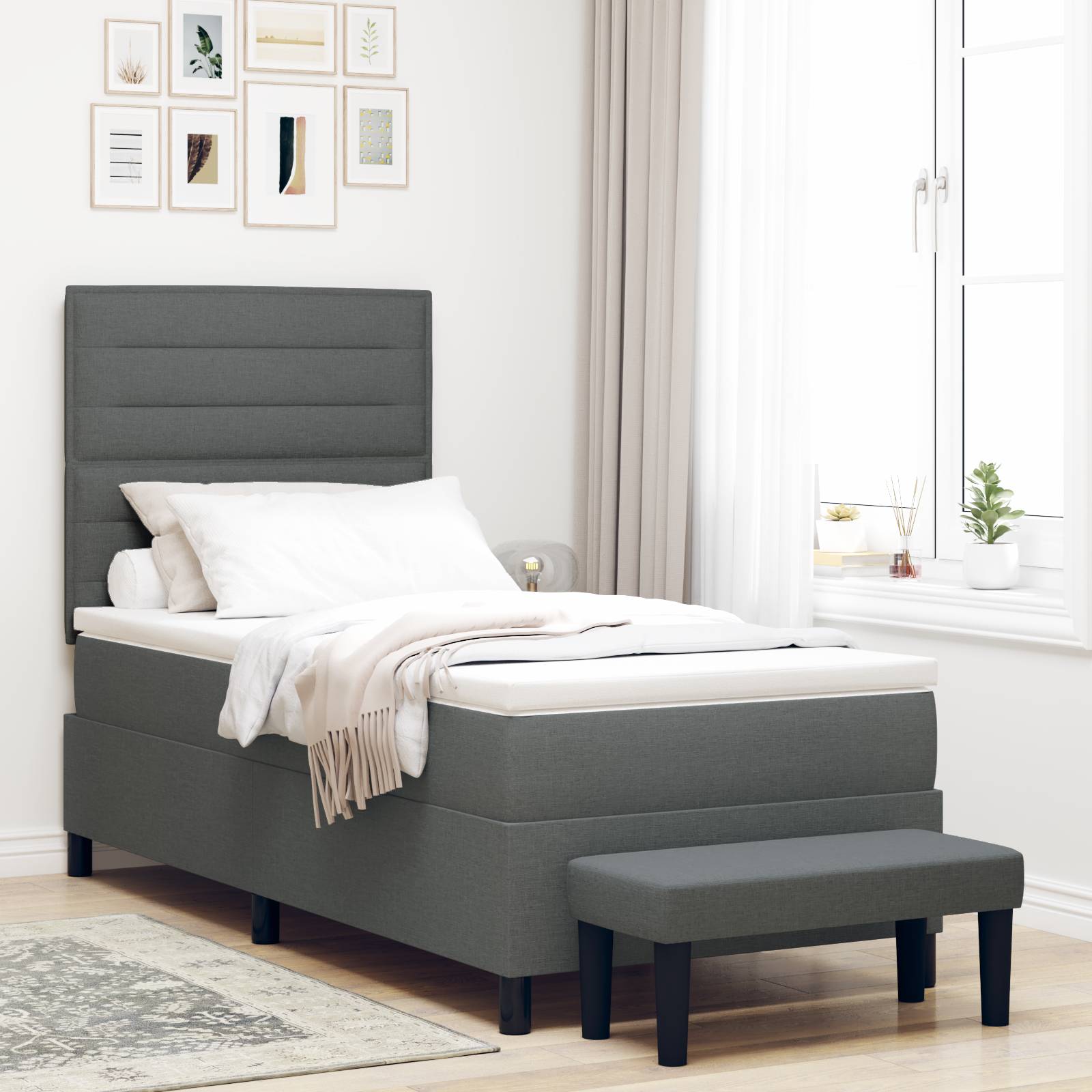 vidaXL Boxspringbett mit Matratze & Bank Dunkelgrau 80x200 cm Stoff
