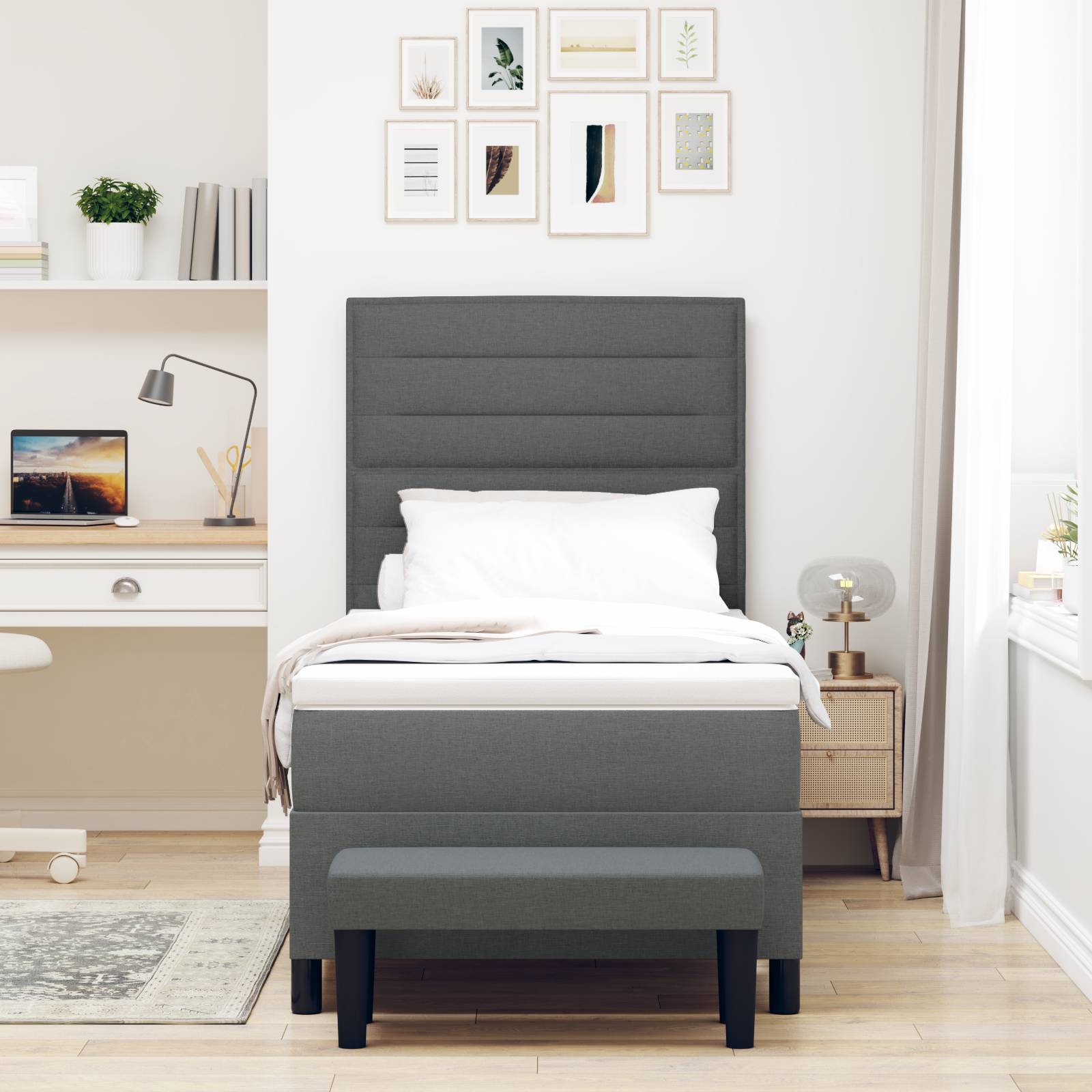 vidaXL Boxspringbett mit Matratze & Bank Dunkelgrau 80x200 cm Stoff