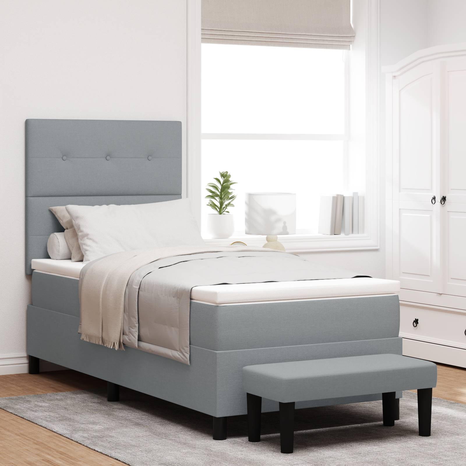 vidaXL Boxspringbett mit Matratze & Bank Hellgrau 80x200 cm Stoff