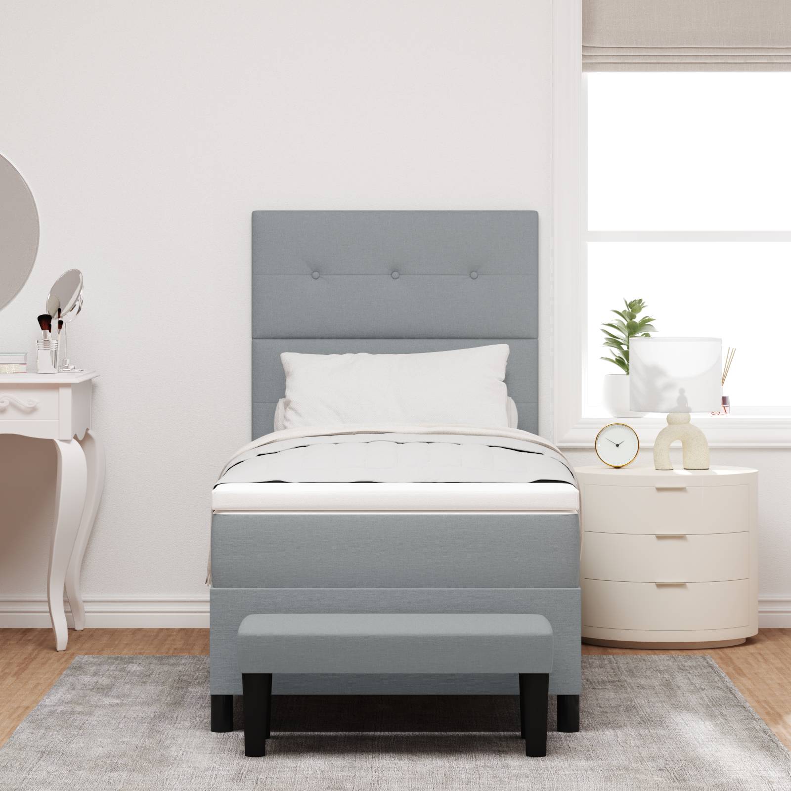 vidaXL Boxspringbett mit Matratze & Bank Hellgrau 100x200 cm Stoff